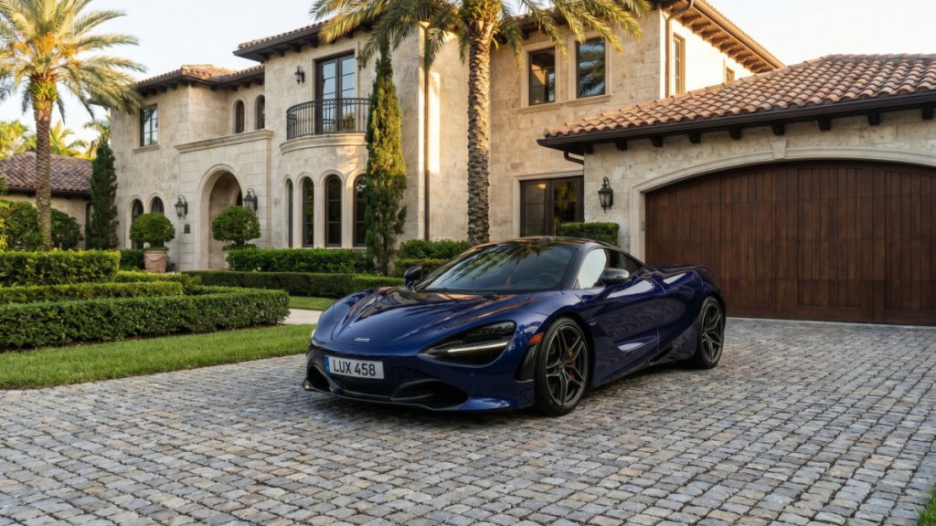 Blue McLaren sports car parked in elevated estate driveway, representing high-value asset vehicle registration strategies.
