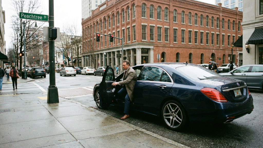 Man getting into elevated sedan on city street near Peachtree Street, representing car title documentation needs