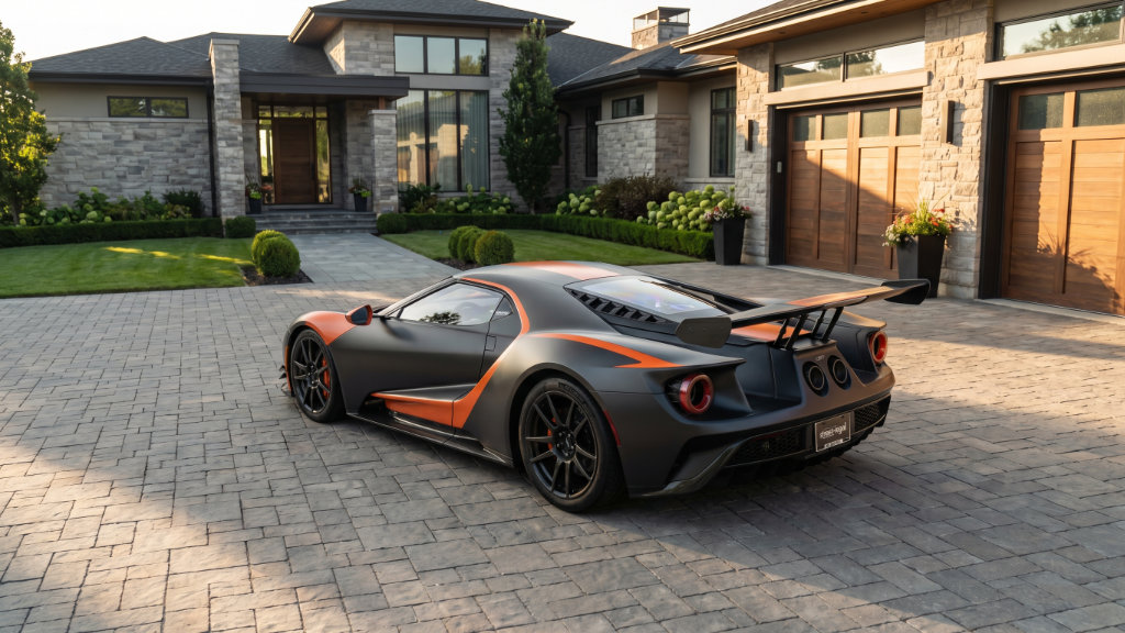 Black and orange supercar with large rear wing parked on driveway, demonstrating race car street legal conversion