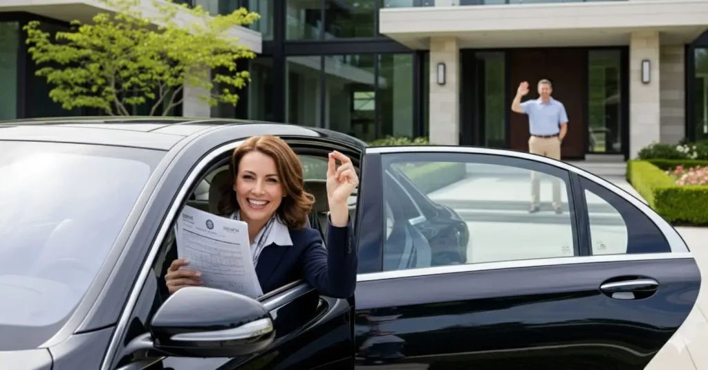 Woman in business attire holds registration paperwork while sitting in car at residential driveway