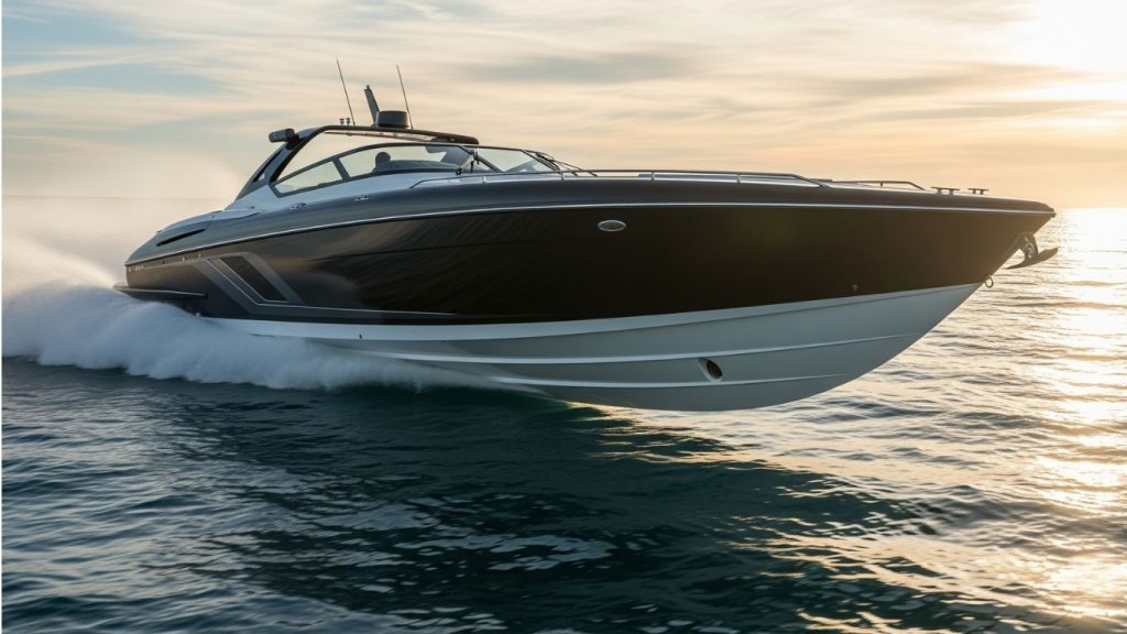 Elevated speedboat cruising through ocean waves at sunset, representing high-value vessel registration and yacht ownership