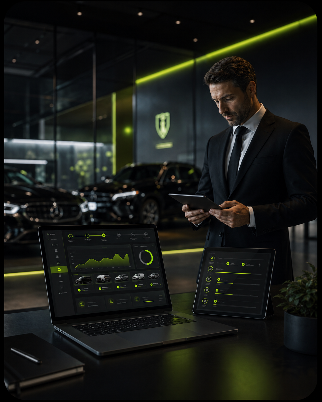 Partner reviewing referral status on a tablet in a dealership showroom