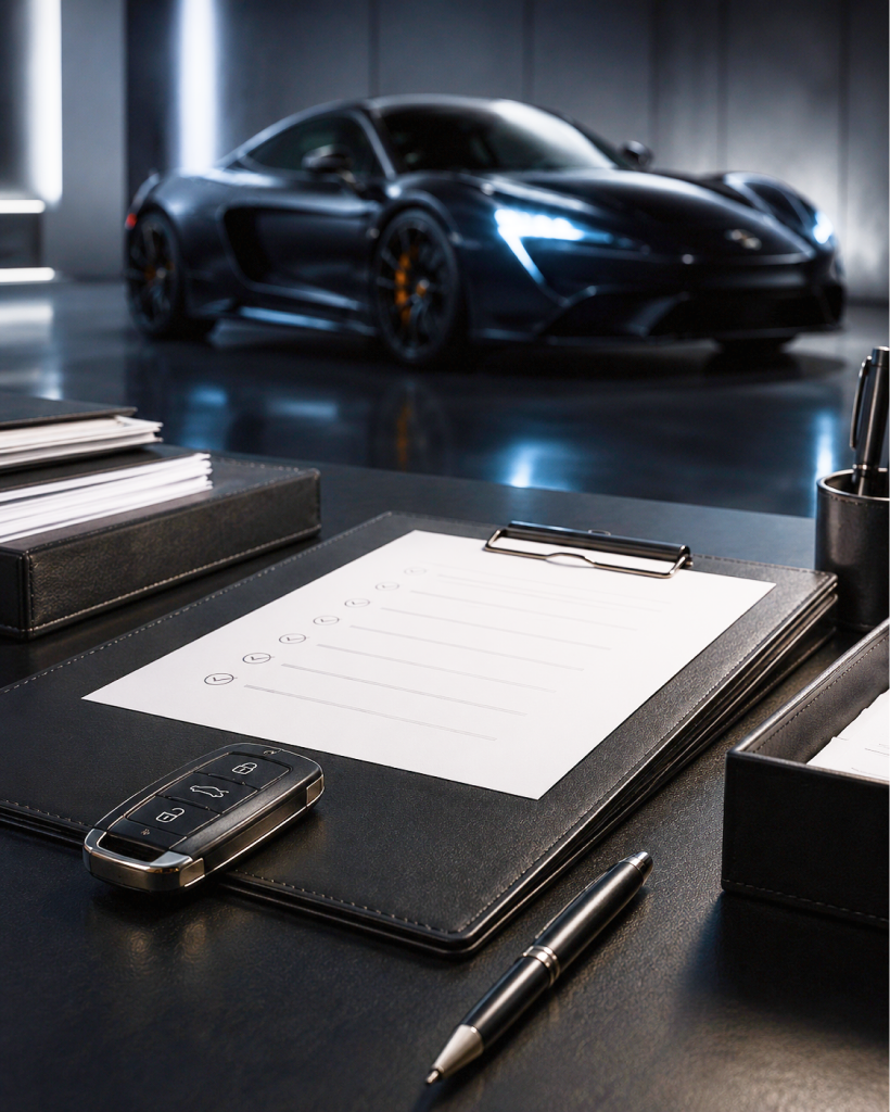 Annual renewal checklist and key beside an exotic vehicle held under a Montana LLC