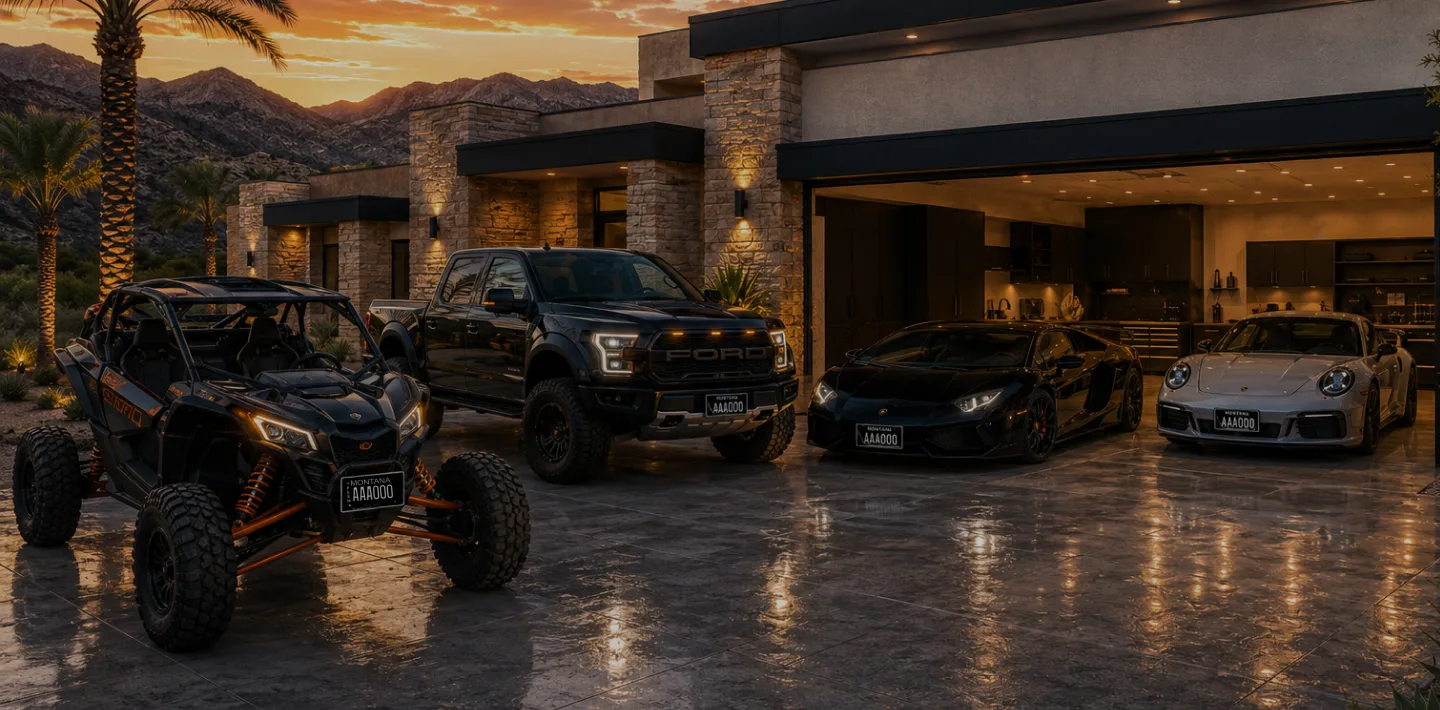 UTV, Ford Raptor, Lamborghini, and Porsche parked together at a hillside home