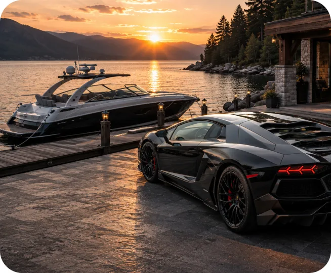 Exotic car and yacht at a lakeside sunset