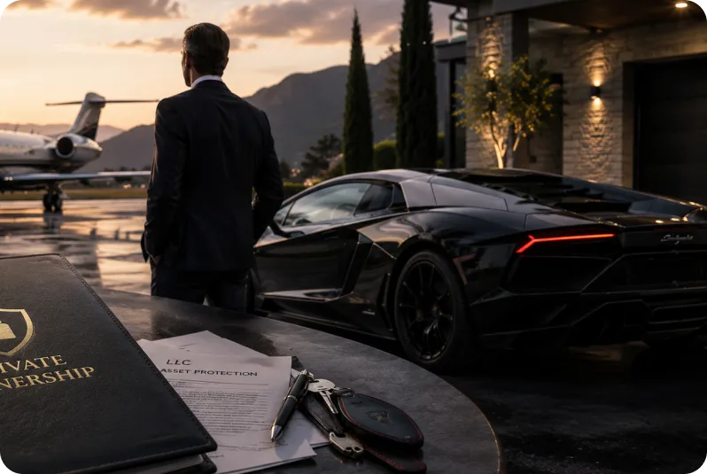 Montana LLC formation paperwork beside a Lamborghini and private jet at sunset