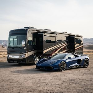 A luxurious black motorhome and a sleek blue exotic car are parked side by side in a desert landscape, highlighting the freedom and benefits of Montana LLC Vehicle Registration for RV and exotic vehicle owners.