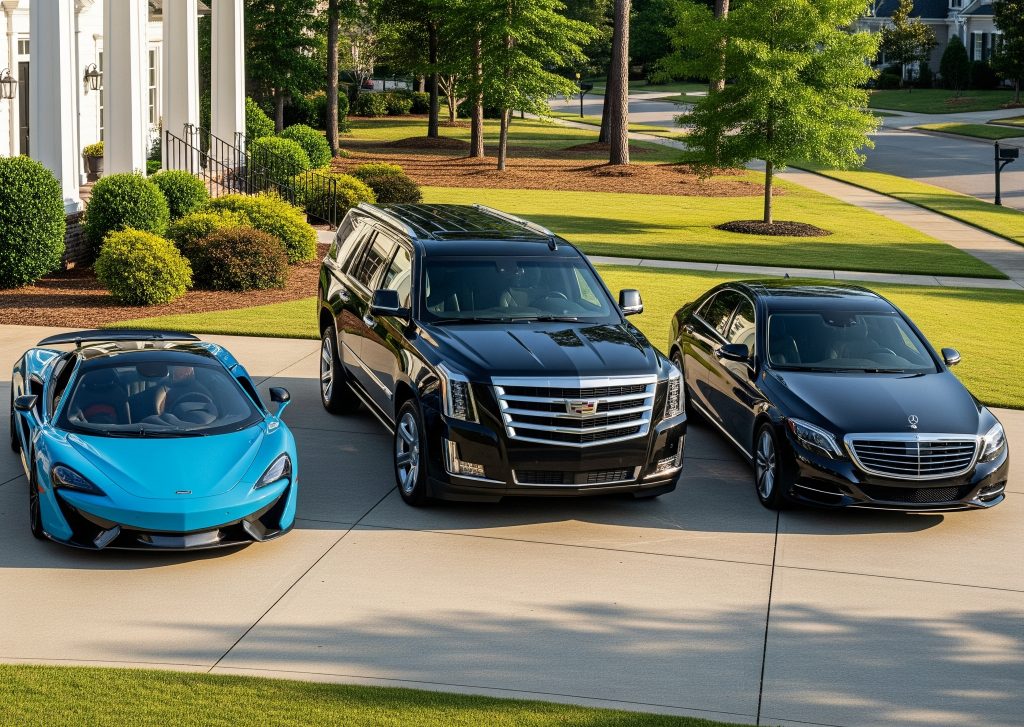 A sleek blue supercar, a black luxury SUV, and a black luxury sedan are parked side by side on an upscale driveway, showcasing high-end vehicles perfect for Montana LLC registration.