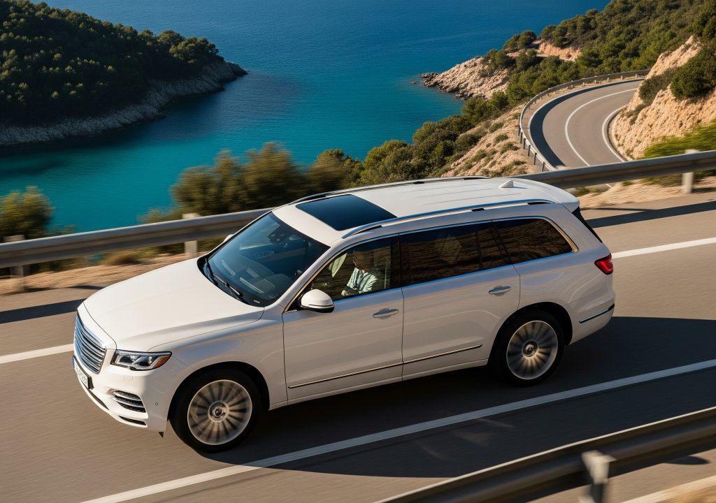 A white luxury SUV drives along a scenic coastal highway with turquoise waters and winding roads, highlighting freedom and adventure for high-end vehicle owners.