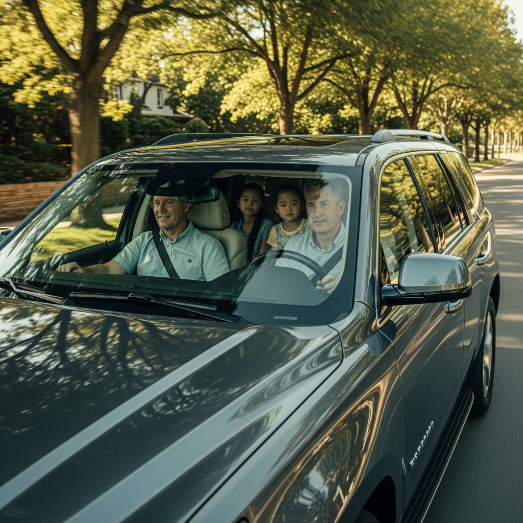A family drives together in a gray luxury SUV along a peaceful, tree-lined street, highlighting the security and confidence that comes with proper vehicle registration.