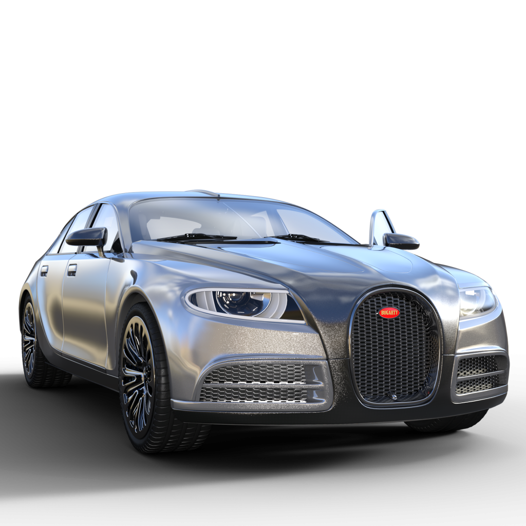 digitally rendered, futuristic luxury sedan that visually blends design cues from Bugatti’s iconic styling with the body of a high-end four-door car.