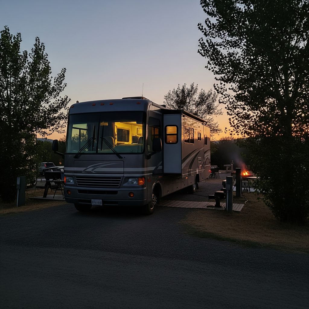 The gray RV is parked in an evening campground scene, with its registration visible on the front license plate, amidst the warm glow of sunset and nearby campfires.
