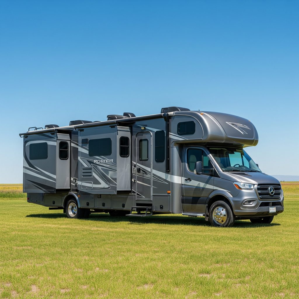 This image displays a modern, gray RV with extended slide-outs parked on a vibrant green field beneath a clear blue sky, highlighting its sleek design and the spaciousness for leisure and travel.