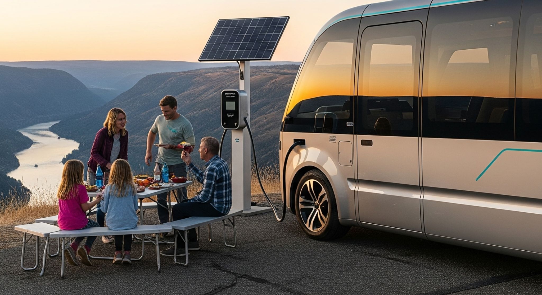 A modern, silver electric RV is parked at a scenic overlook where a family is having a picnic at sunset.