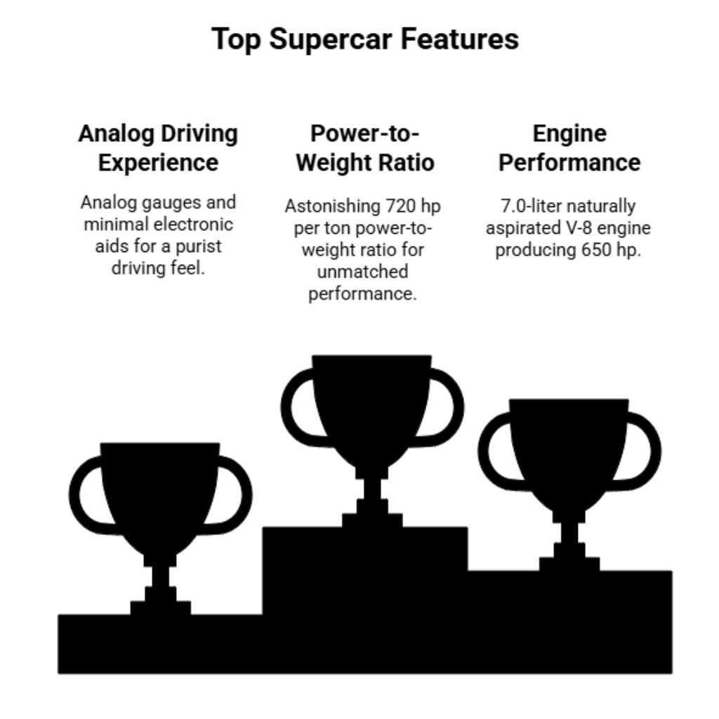 This infographic showcases a supercar’s key features: analog driving feel, 720 hp per ton power-to-weight ratio, and a 7.0-liter V-8 engine with 650 hp.
