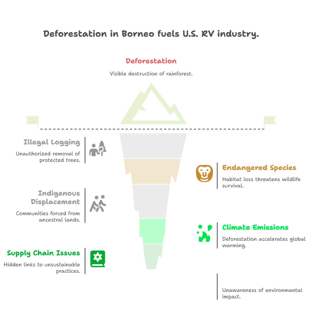 An infographic illustrates how deforestation in Borneo, driven by U.S. RV industry demand, leads to illegal logging, indigenous displacement, endangered species loss, climate emissions, and supply chain issues.