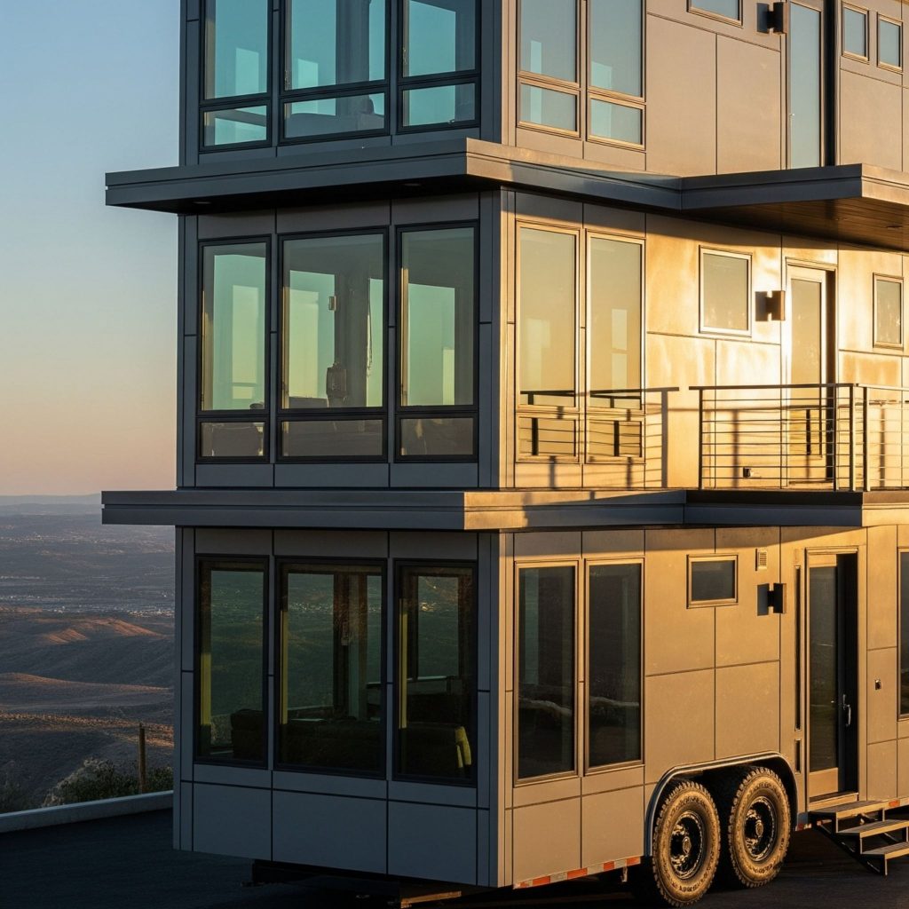 three-level mobile mansion on wheels