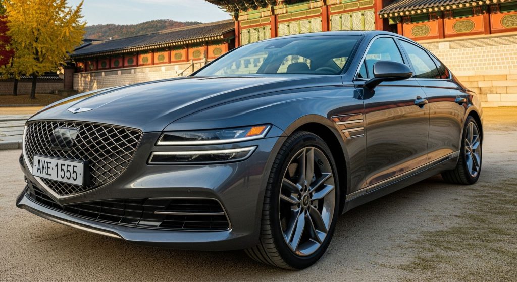 modern Genesis G80 sedan with a metallic gray finish, parked elegantly against the traditional, ornate architecture of a Korean palace in the backdrop.