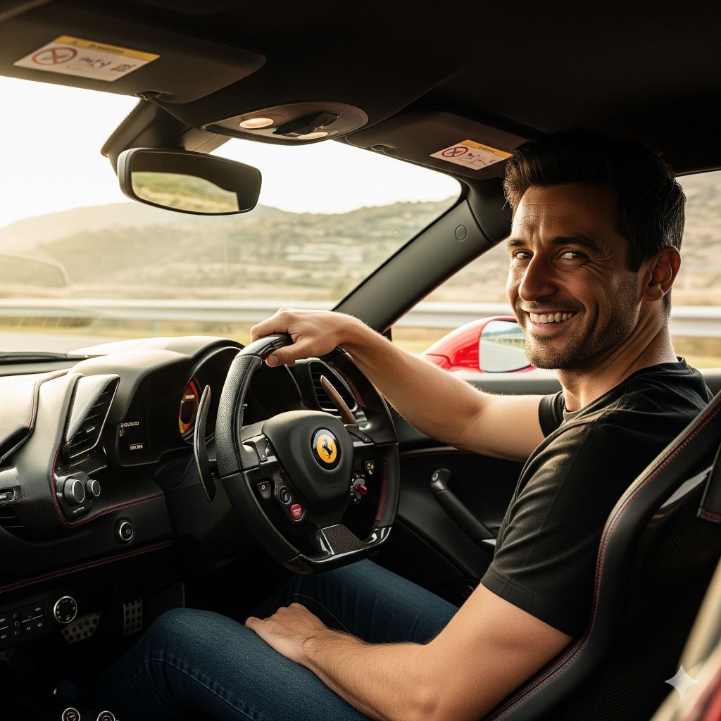 A happy man with a broad smile sits in the driver's seat of a luxurious Ferrari, his hand resting on the steering wheel, ready for the open road.