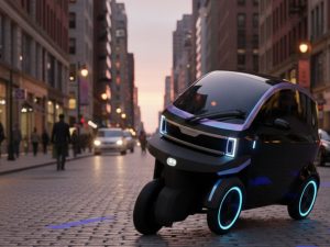 A futuristic three-wheeled electric microcar glides through the city at sunset, showing the kind of innovation Ride Legal keeps road ready.