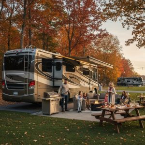 A well-appointed high-end RV is parked in a lush, sunny campground as a family relaxes comfortably outdoors, embodying a luxurious and serene camping experience.