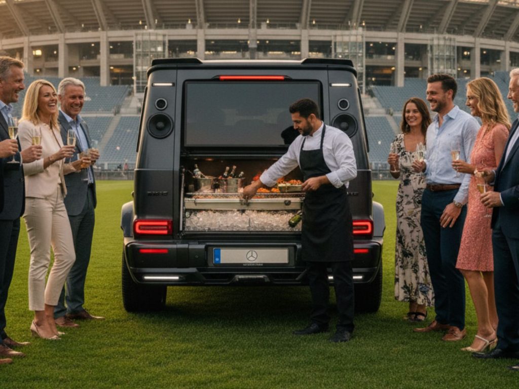 Modified Tailgate Vehicle - Ride Legal ChatGPT said: A group of people enjoy a tailgate gathering beside a luxury van with an open rear lounge, grill, and entertainment setup at sunset.