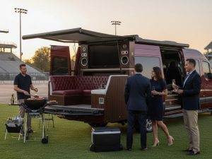 ChatGPT said: A group of people enjoy a tailgate gathering beside a luxury van with an open rear lounge, grill, and entertainment setup at sunset.