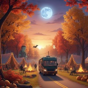 A full moon illuminates a vibrant autumn campground decorated with Halloween pumpkins and monsters, as a high-end RV arrives for a festive fall camping event.