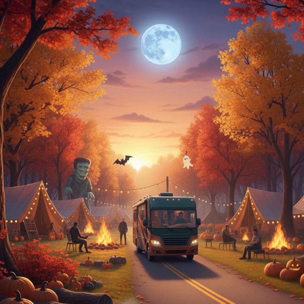 A full moon illuminates a vibrant autumn campground decorated with Halloween pumpkins and monsters, as a high-end RV arrives for a festive fall camping event.