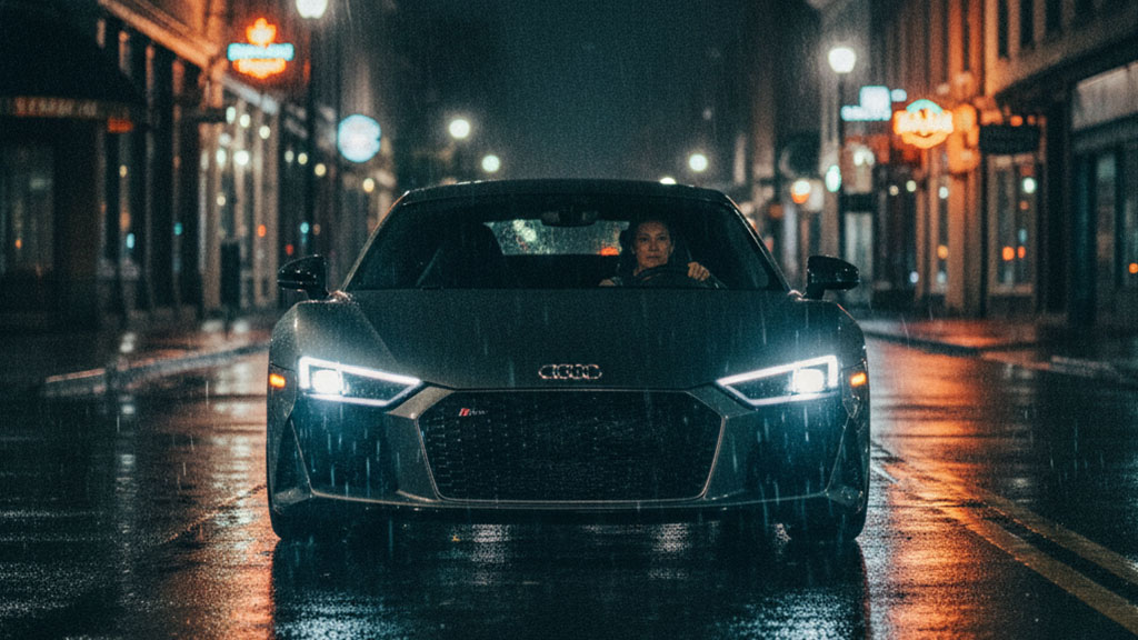 Front view of a dark grey Audi R8 sports car driving on a wet city street at night, with a driver visible.