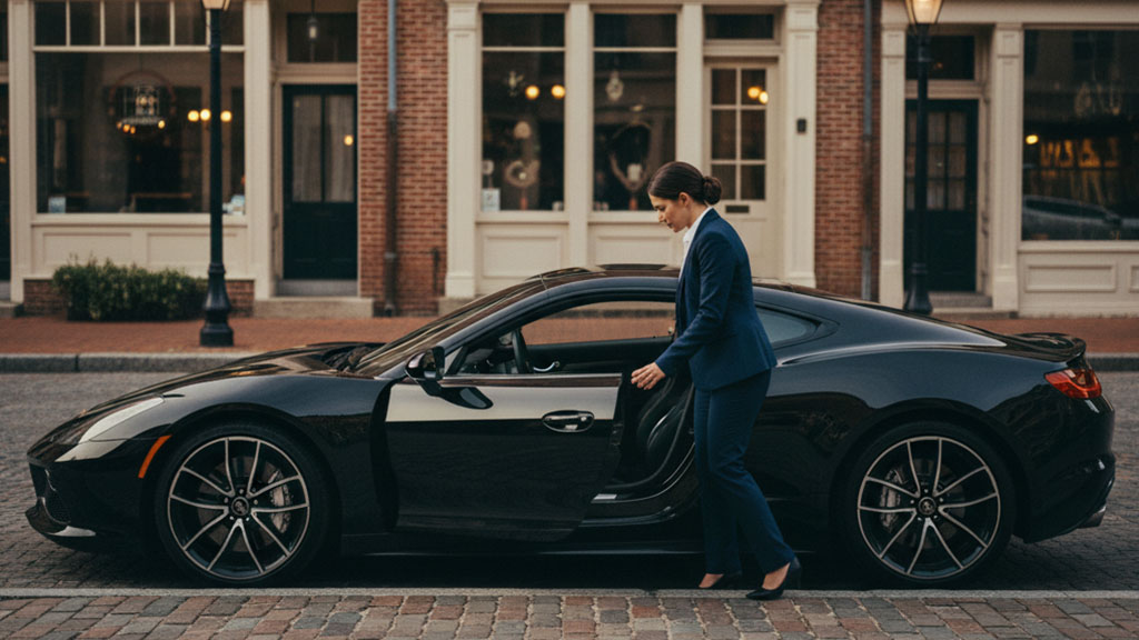 Professional woman in a suit opening the door of a black luxury sports car (Maserati GranTurismo) on a cobblestone street.