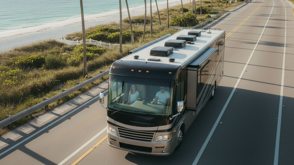 High-angle shot of a couple driving a large motorhome or RV along a sunny coastal highway with a beach.