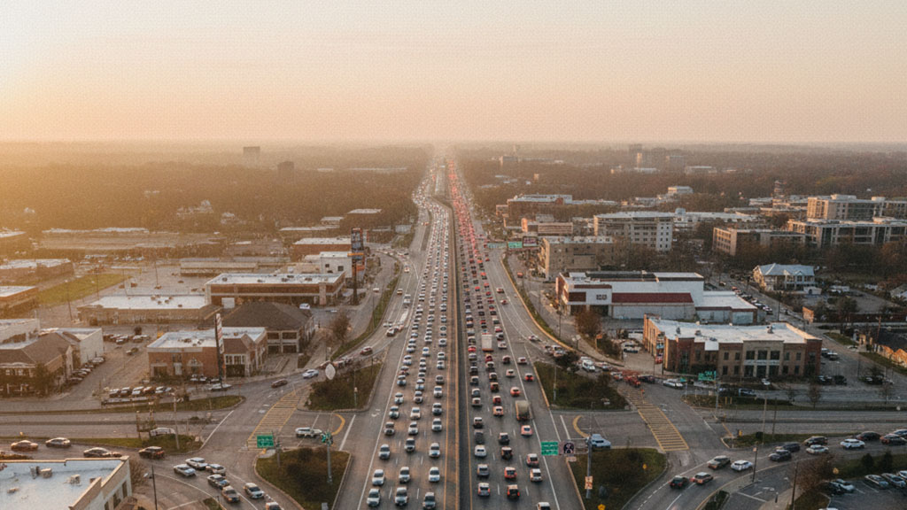 Aerial view of a multi-lane highway with heavy traffic during sunset or sunrise, surrounded by urban buildings and trees, showcasing a bustling city scene.