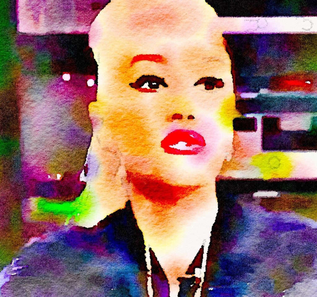 Watercolor Portrait in Red and Light of Gwen Stefani - Ride Legal The image appears to be a watercolor-style digital painting of a person with bright red lips and expressive eyes, set against a colorful, abstract background.
