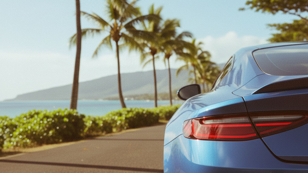 Blue Sports Car by the Ocean - Tropical Road Trip View - Ride Legal Rear view of a blue sports car parked on a scenic coastal road with palm trees, ocean, and mountains in the background, bathed in warm sunlight.