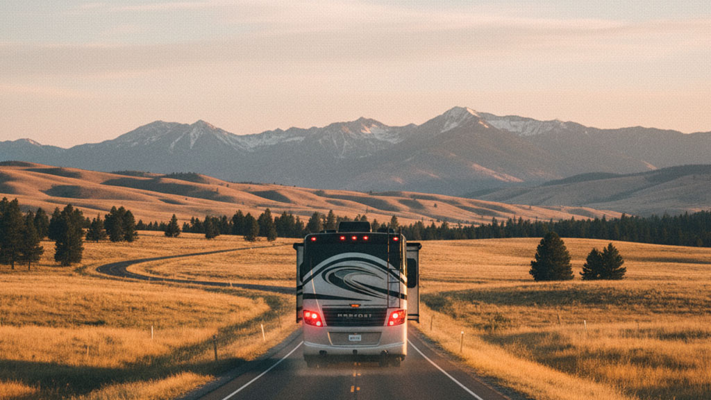 RV Road Trip Towards Mountains - Sunset Landscape - Ride Legal Rear view of a large white and black RV traveling on a winding rural road through golden fields towards snow-capped mountains under a clear sky at sunset.
