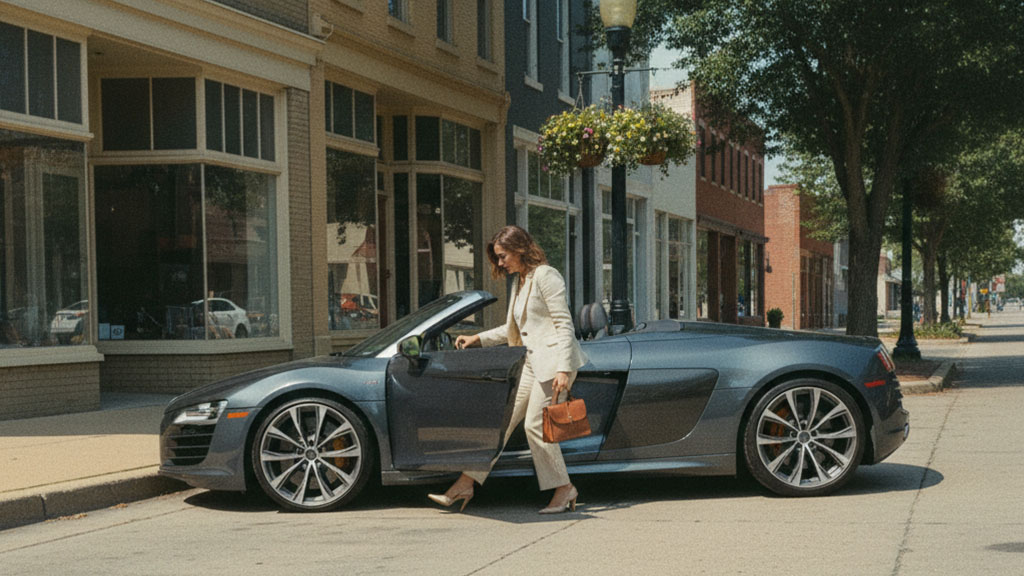 Woman Exiting Luxury Convertible - Urban Street Scene - Ride Legal A stylish woman in a light suit and high heels steps out of a dark gray convertible sports car parked on a sunny urban street in front of historic brick buildings.