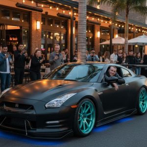 A matte black sports car with teal rims and blue underglow lighting is parked on a city street while a crowd gathers around, taking photos and admiring it.