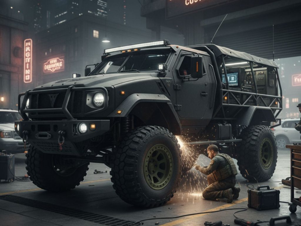A mechanic is welding underneath a heavily modified off-road truck with oversized tires and rugged armor in an urban garage at night.
