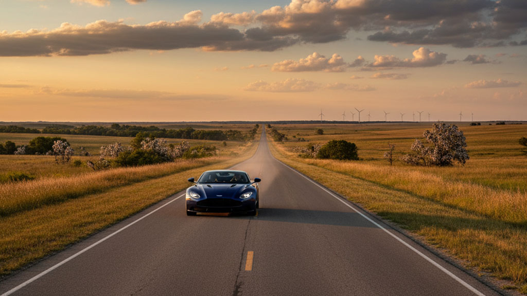 Aston Martin on Open Road at Sunset - Ride Legal A luxurious dark blue Aston Martin sports car drives down a long, empty rural road at sunset, with golden fields on either side and wind turbines visible in the distant horizon under a partly cloudy sky.
