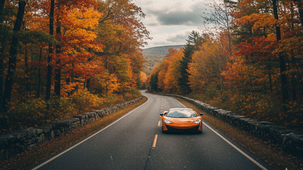 A bright orange sports car drives down a winding road through a vibrant autumn forest, with trees displaying brilliant red, orange, and yellow foliage under a cloudy sky. Stone walls line the sides of the road.
