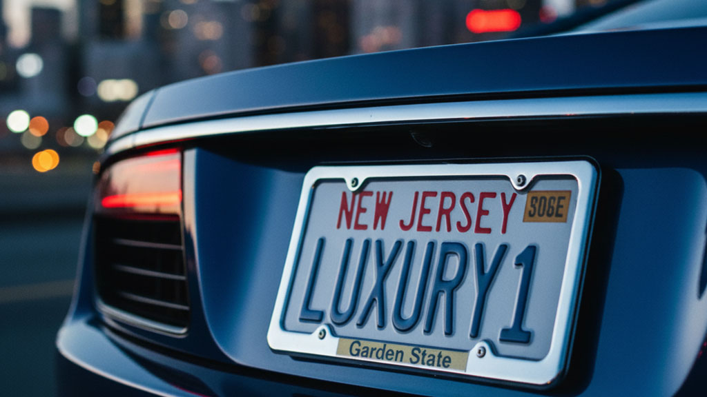 A close-up of a New Jersey license plate on a dark blue luxury car, featuring the custom plate "LUXURY 1" and "Garden State" tagline. Blurry city lights are visible in the background at dusk or night.