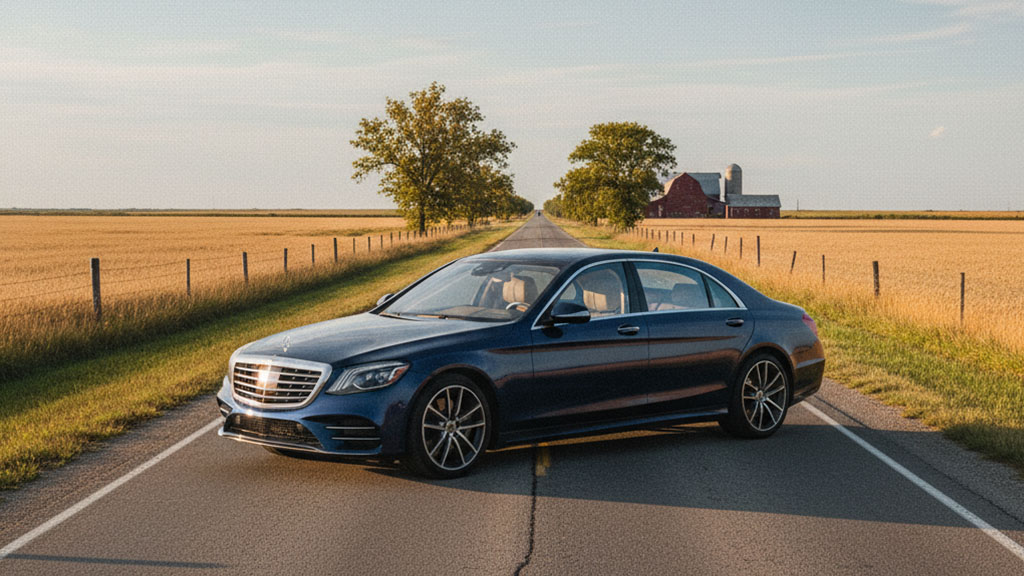 Mercedes-Benz S-Class in North Dakota Field - Ride Legal Dark blue Mercedes-Benz S-Class sedan driving on a straight two-lane road through a North Dakota golden wheat field with a red barn in the distance.