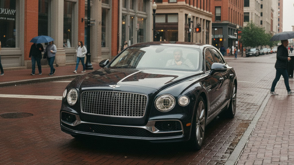 Dark blue Bentley Flying Spur driving on a wet brick street in a bustling city downtown with pedestrians and classic architecture.