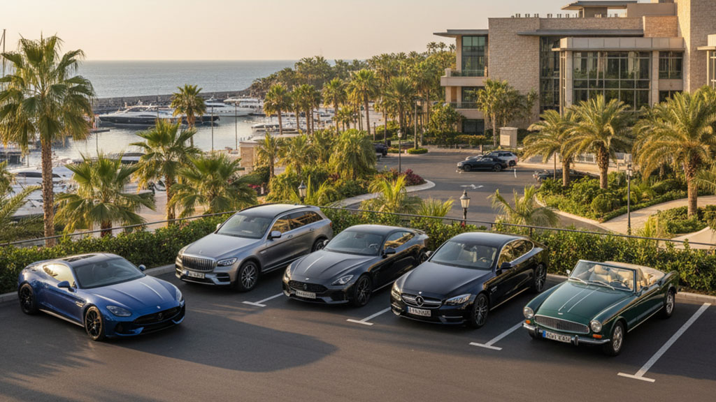 Luxury Cars at Coastal Resort Marina - Ride Legal Luxury car collection parked at a high-end resort overlooking a marina filled with yachts and palm trees during golden hour.