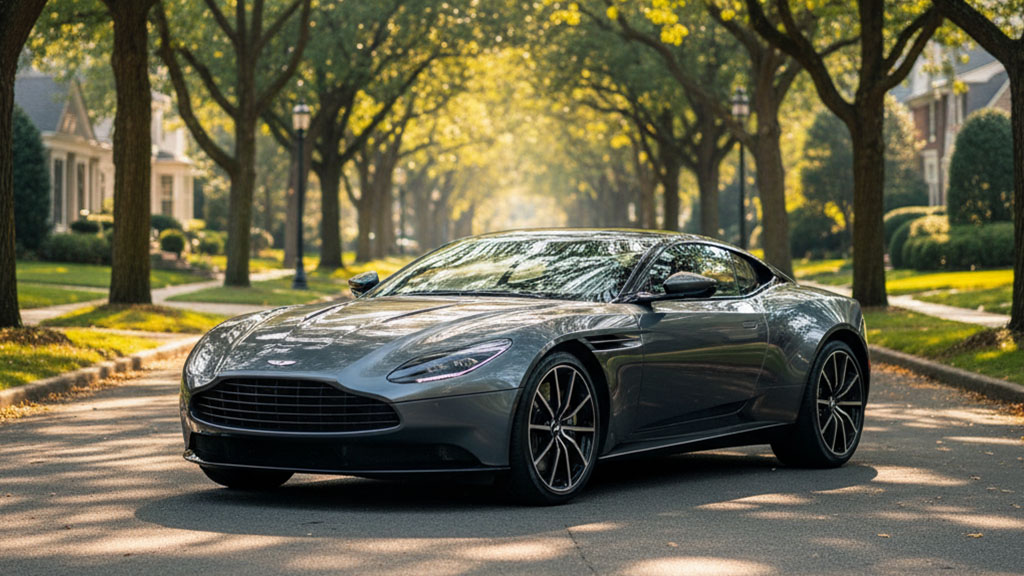 Aston Martin DB11 on a Tree-Lined Street - Ride Legal A sleek, dark grey Aston Martin sports car is parked on an empty residential street lined with mature trees forming a lush green canopy, with elegant houses visible in the background under dappled sunlight.