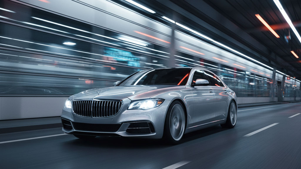 Luxury Sedan in Urban Tunnel - Ride Legal Sleek silver luxury sedan driving fast through a modern, brightly lit urban tunnel with motion blur from the lights.