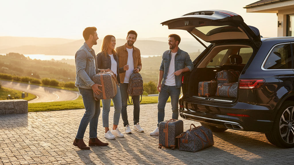 Friends Loading Luxury SUV for a Trip - Ride Legal Four stylish friends or family members, two men and two women, load patterned luxury luggage into the open trunk of a dark blue SUV parked on a cobblestone driveway at sunset, with rolling hills and a lake visible in the background.