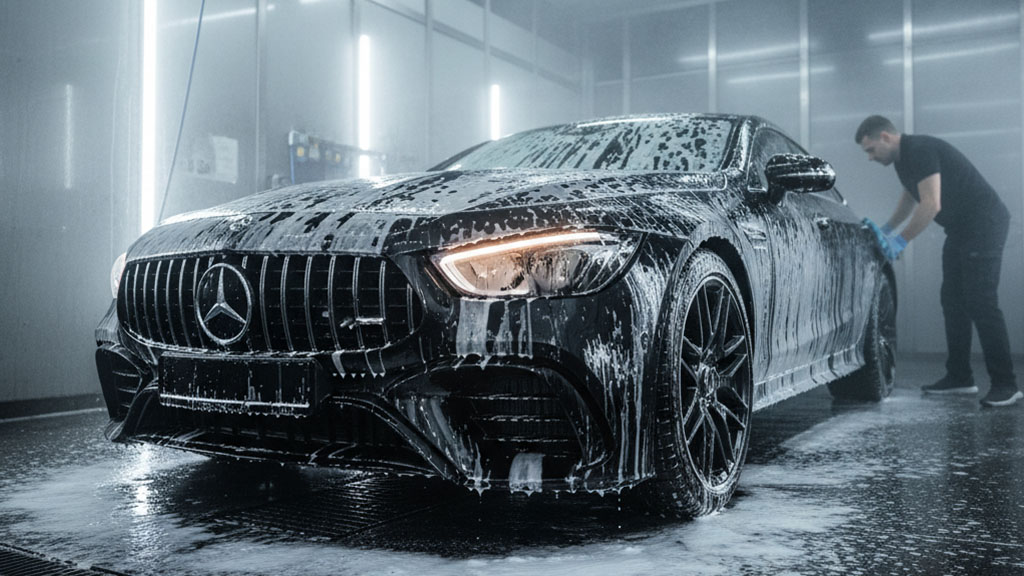 Mercedes-AMG Car Wash - Ride Legal Black Mercedes-AMG GT 4-Door Coupe being hand-washed with soap at a car wash.