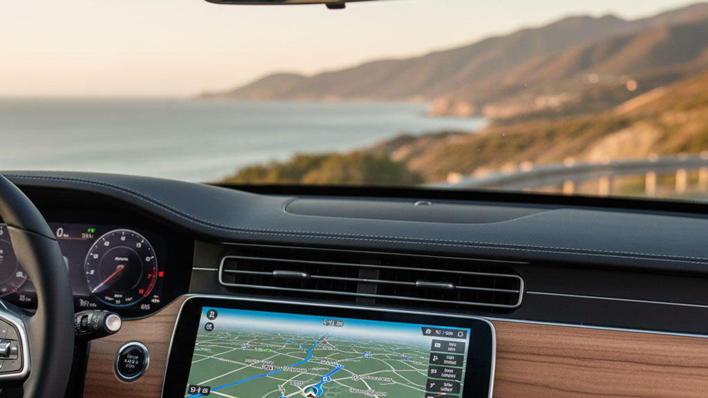 Car dashboard view with a navigation system displaying a map, driving along a coastal highway with the ocean and mountains in the background at sunset.